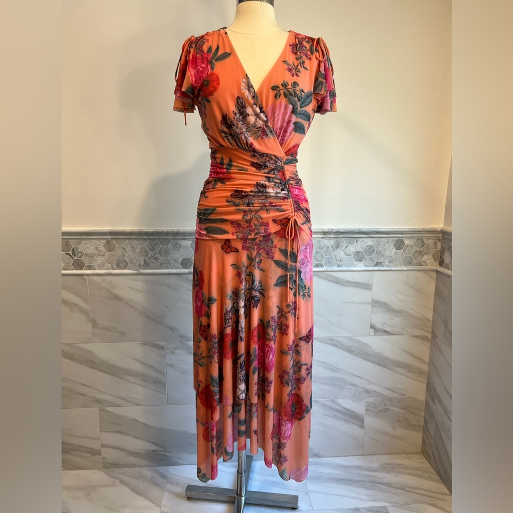 Anthropologe Maeve Peach Pink Floral Ruched Midi Dresses Size Small